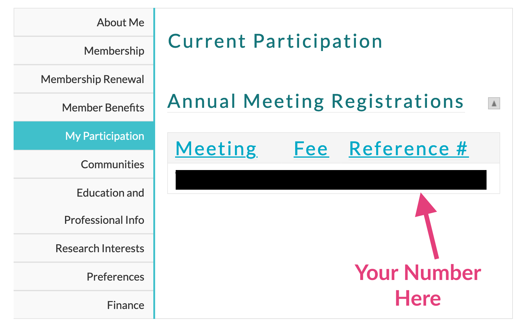 A screenshot of an AAR member profile with an arrow pointing to the section that says "Reference #".